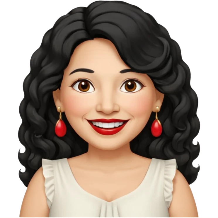 60 yr old peruvian woman, slightly chubby, wavy/curly long black hair, red lipstick, big smile, white teeth, brown eyes, hoop earings, side part to hair, round face, pretty white dress, hair side swept emoji