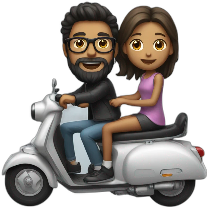 Boy with long hair, beard, and glasses, riding a black scooter with a girl on the back emoji