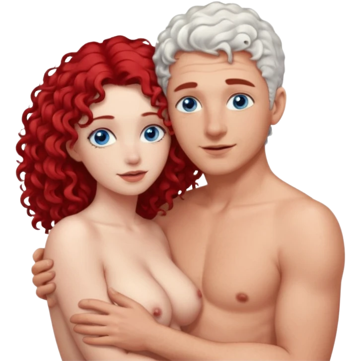 Homme nu cheveux blanc courts, yeux bleu barbe naissante + femme nu gros seins rousse cheveux longs bouclés yeux bleu faisant l'amour emoji