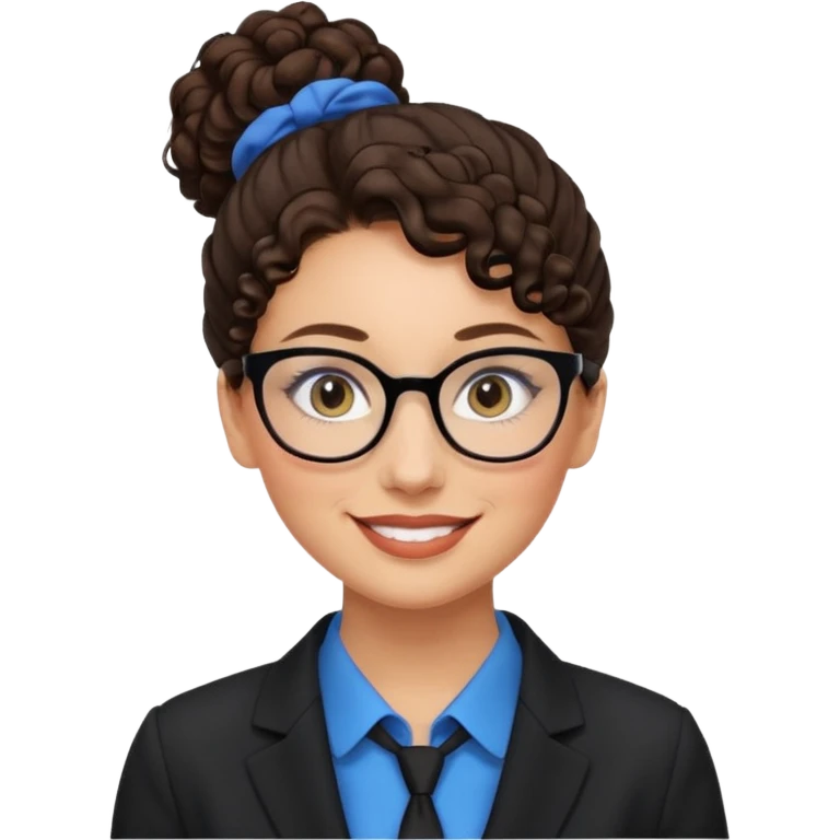 a woman, 30 years old, light skin with dark brown curly hair in a bun with some face framinig pieces. eyeglasses. Black suite on. blue eyes. emoji