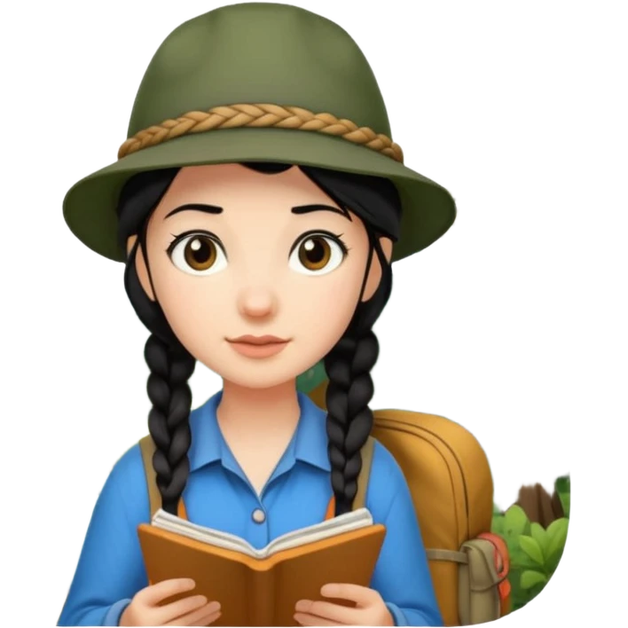 A braid black hair backpacking woman checking her map with curious eyes while wandering in the woods with camping hat emoji
