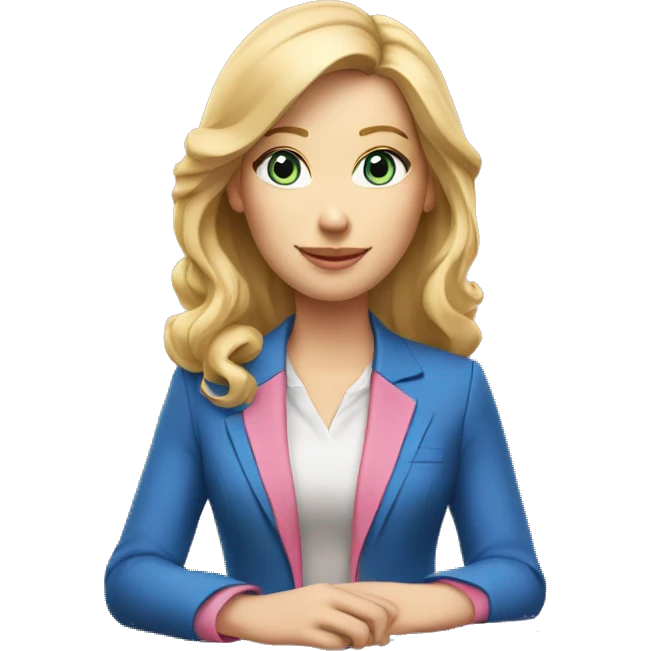 Woman with pale skin, blond hair, blue eyes and a “pink blazer” work outfit sitting at table with Apple laptop emoji
