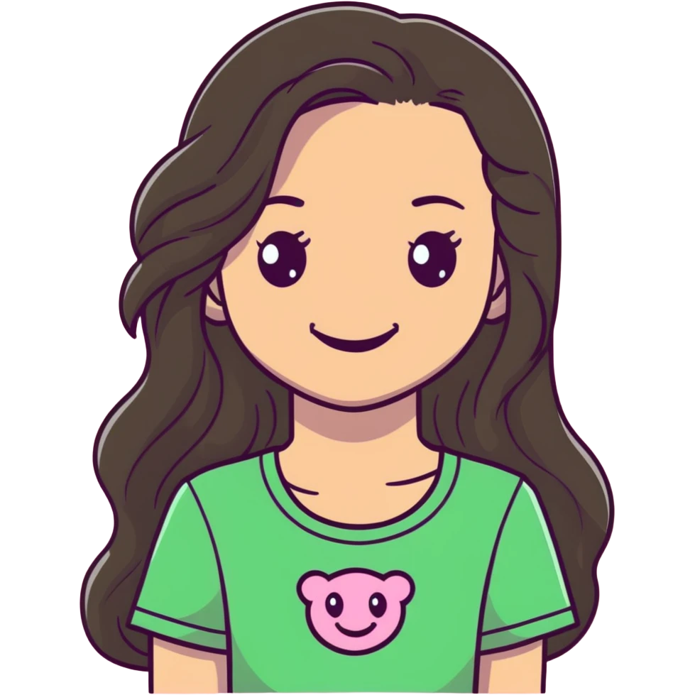 Green eyed girl long dark brown straightish wavy hair wearing a light pink tshirt and smiling emoji