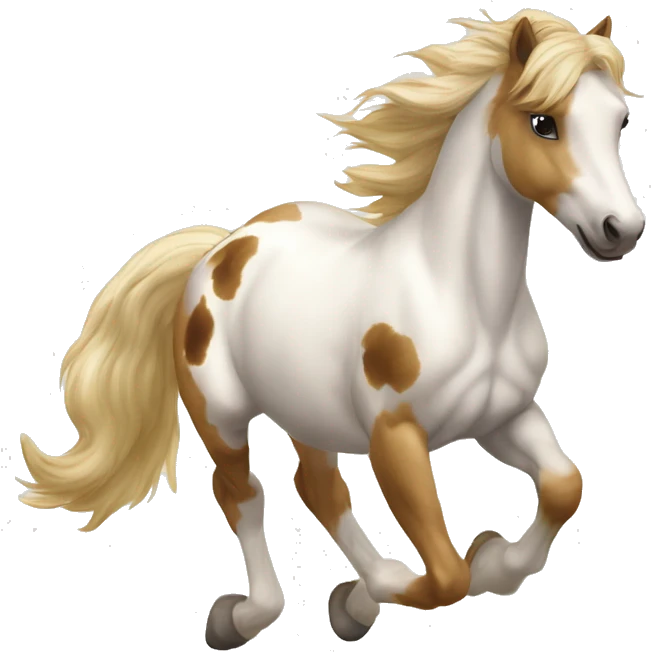Scruffy Piebald tricolor palomino yellow brown pony with dark brown spots galloping running emoji