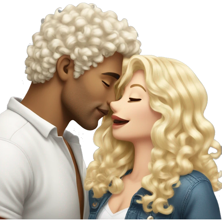 white curly hair hunk man kissing blonde pretty woman emoji