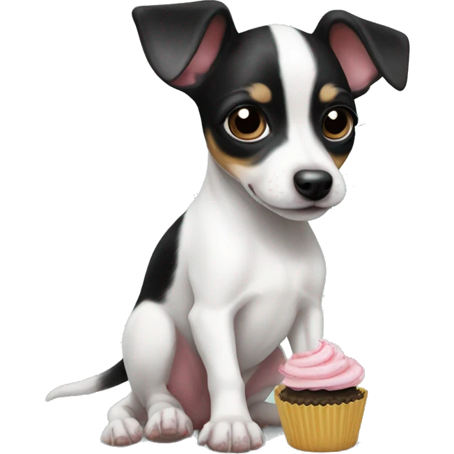 Cute big eyed Black and white rat terrier puppy (no brown) eating a cupcake emoji