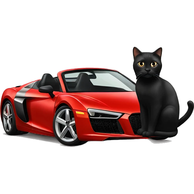 black cat with smal white spot on neck sitting on a red audi r8 emoji