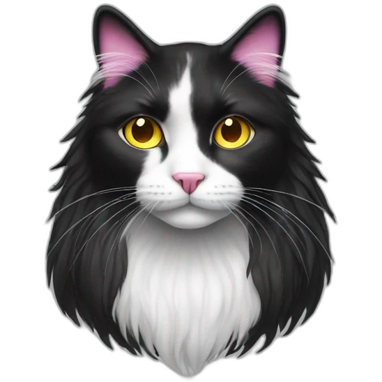 black and white long hair cat with pink nose and yellow eyes emoji