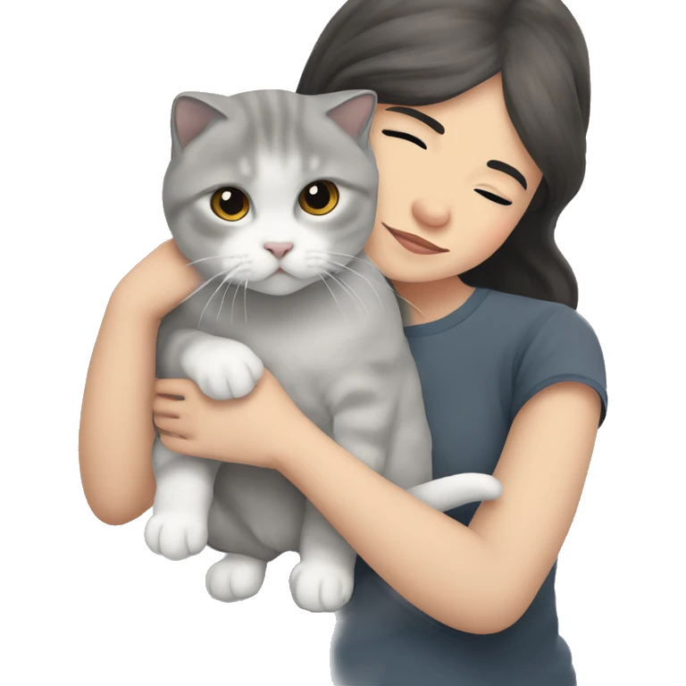 A grey Scottish fold-eared cat in the arms of a girl with white skin and dark hair emoji