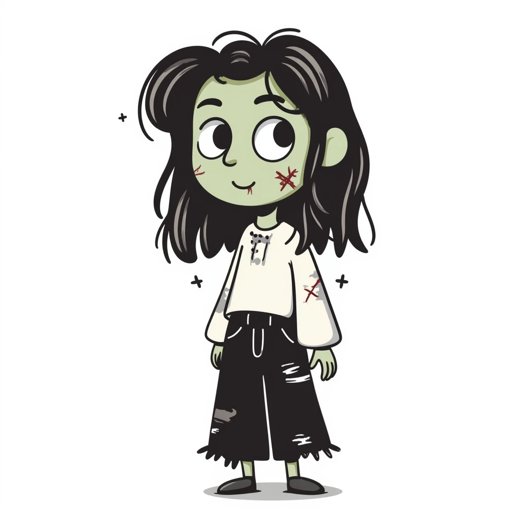 Girl zombie with messy long brown hair, stitches on face, pale green skin, and torn clothes emoji
