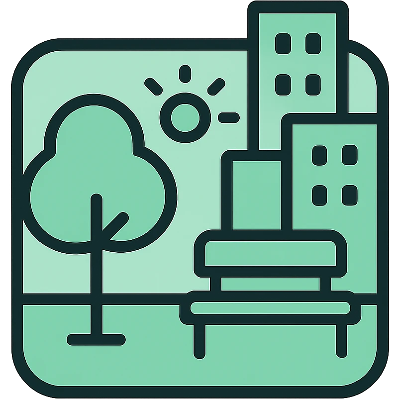 Skeuomorphic urban green space icon with mint green #B5F4D3 and black #111111 color scheme, showing park within city boundaries, clean symmetric design with subtle depth and soft light emoji