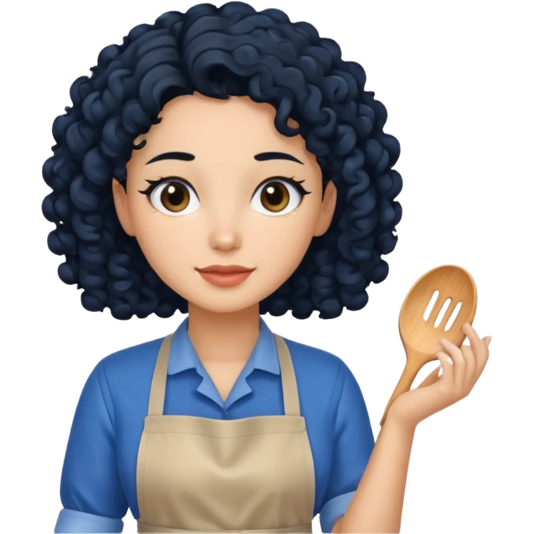 woman with curly black hair in blue apron emoji