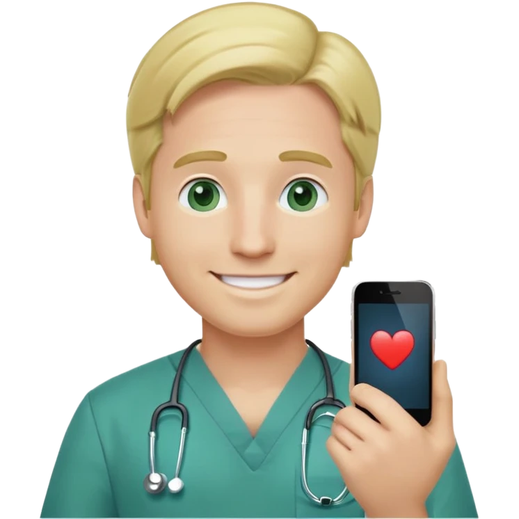 a male doctor with green scrubs, blonde hair middle part, light blue eyes, smiling, iphone emoji emoji
