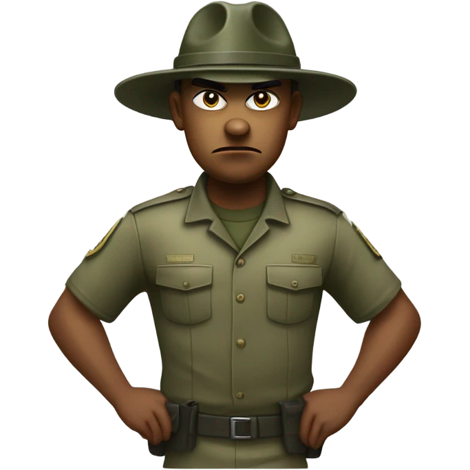 drill sergeant character wearing a classic sergeant hat and a camouflage army shirt. The character should have an angry intense expression. full torso emoji