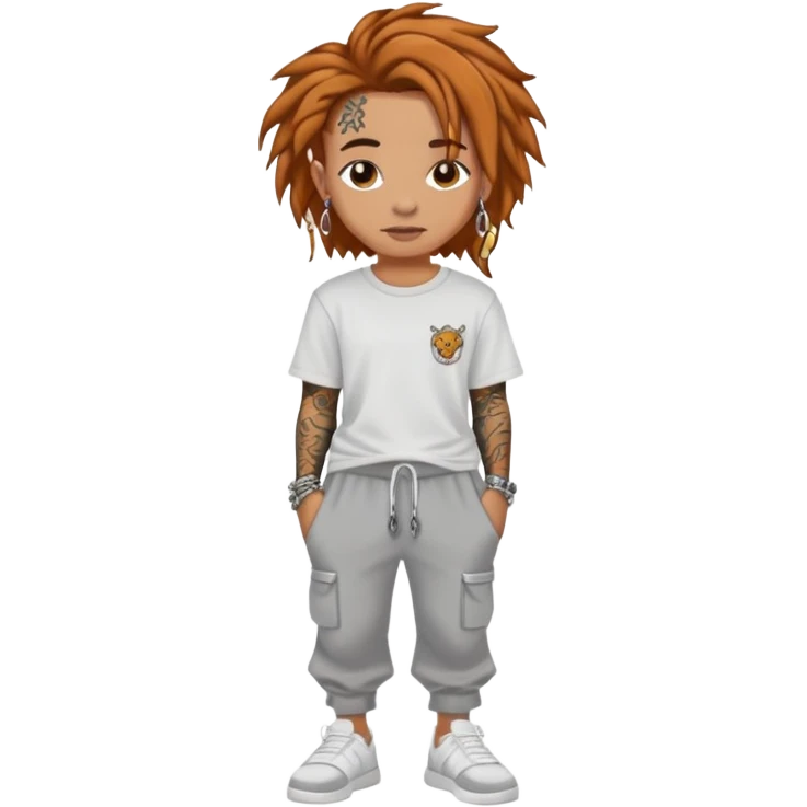 Lightskin dread head with tattoos and stud earrings and ginger/brown hair wearing white tee and grey sweatpants , a chain, and slides  emoji