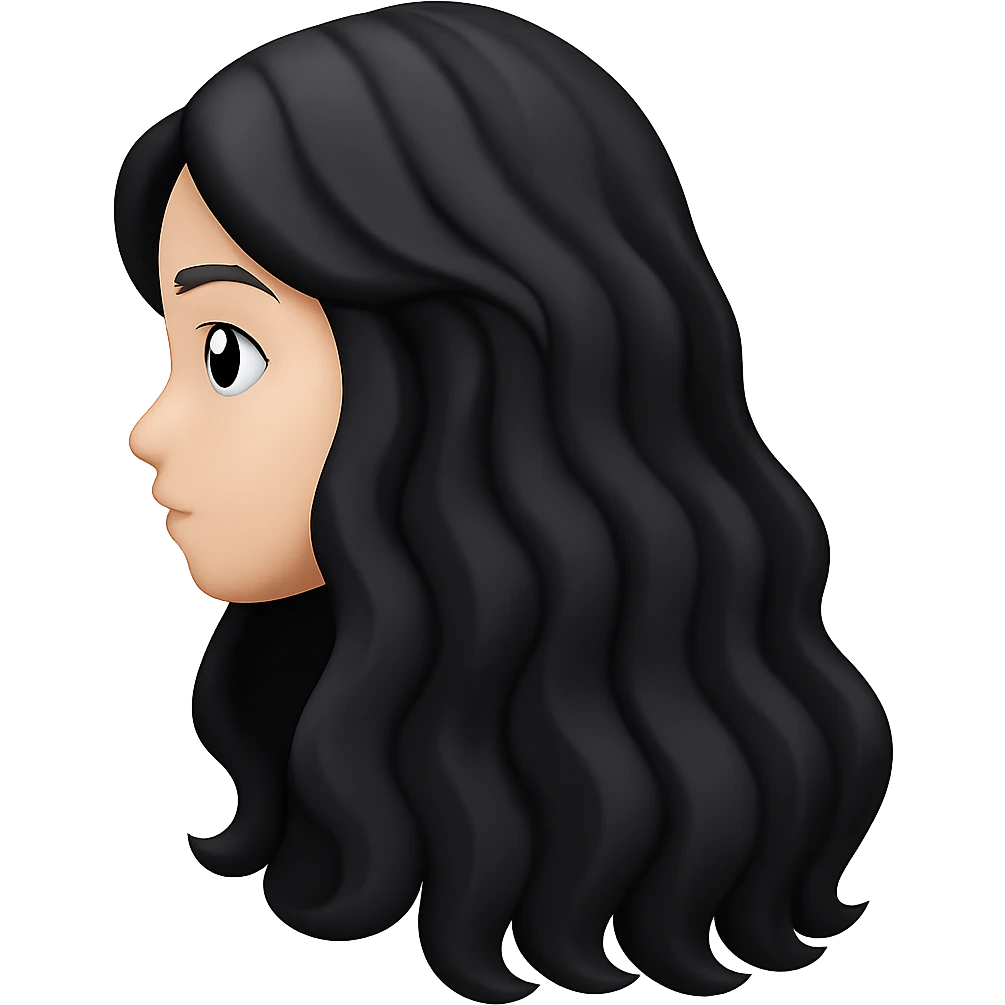 Make the long black hair wavy, keep the back view, in emoji style with no background. emoji