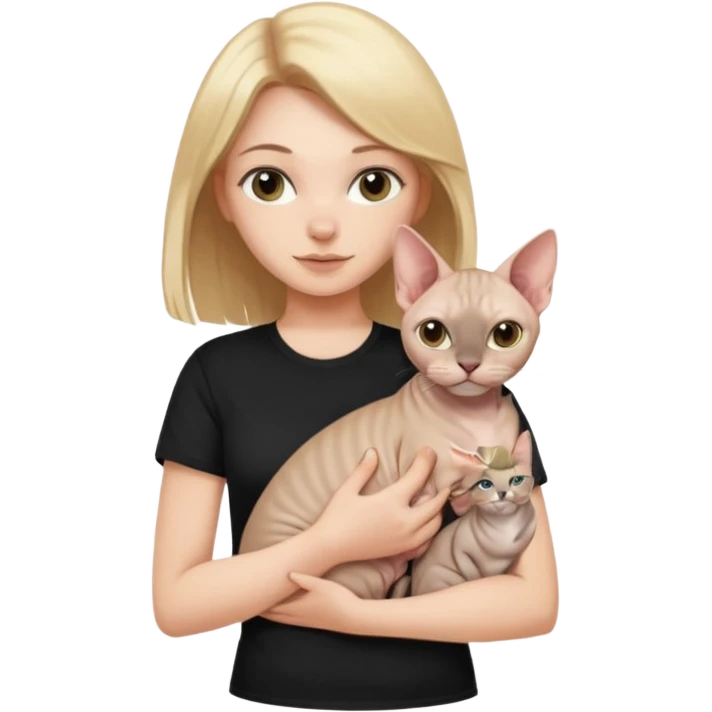 A white girl with light hair in black T-shirt is holding one Sphynx girl cat in her arms emoji