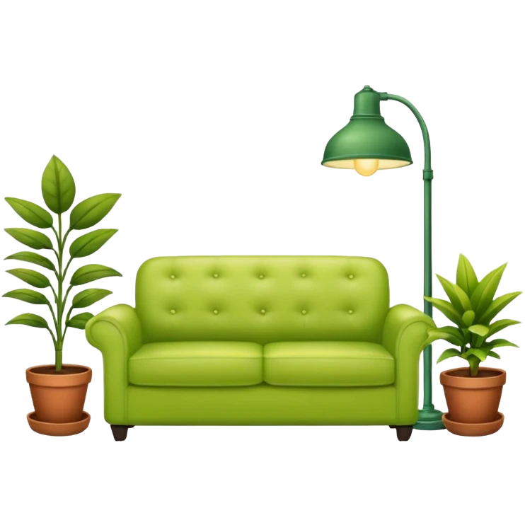 living room in ios emoji style

no TV, and make the couch a light green color

there is a lamp on one side and some plants on the other side emoji