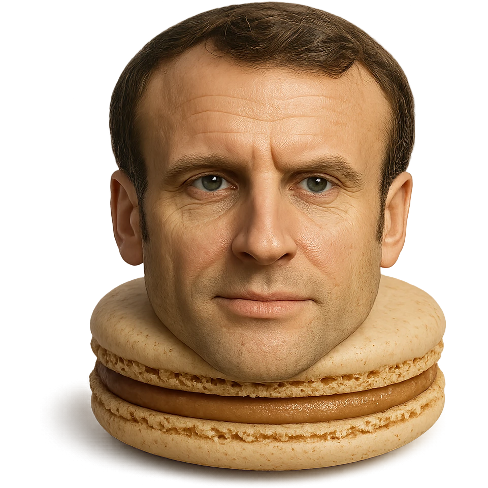 realistic macaron pastry with the shell resembling Emmanuel Macron's face, subtle details emoji