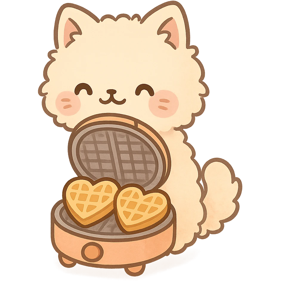 chibi soft fluffy cat as a waffle maker, showing heart-shaped waffles, pastel orange, full-body emoji