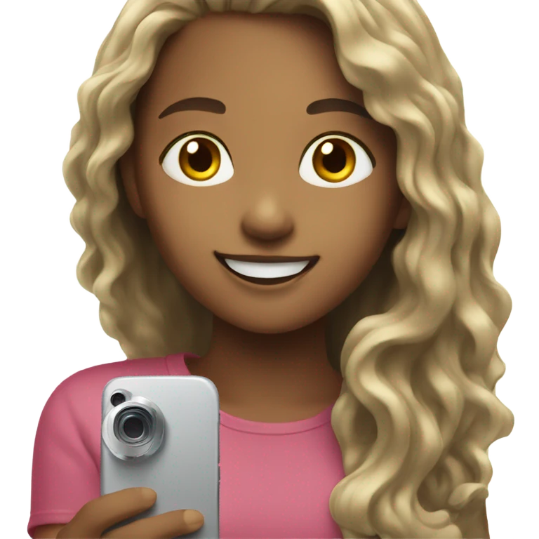 smiling girls with long hair filming with a phone emoji