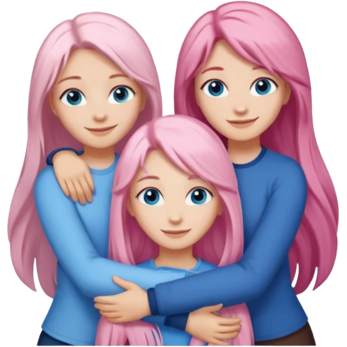 Girlfriend emoji - include 1 white girl with long light pink hair and blue eyes, one white girl with blue eyes and light blonde hair, and 2 white girls with brown eyes and long dark brown hair. They are smiling and hugging emoji