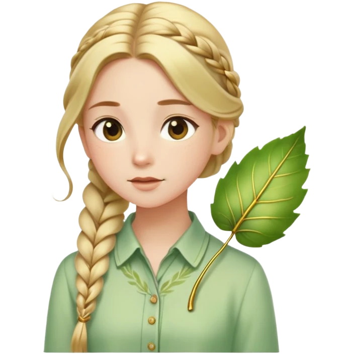  A girl with a long braid, a golden hairpin shaped like a leaf, and a light green blouse, breathing in the spring air. emoji
