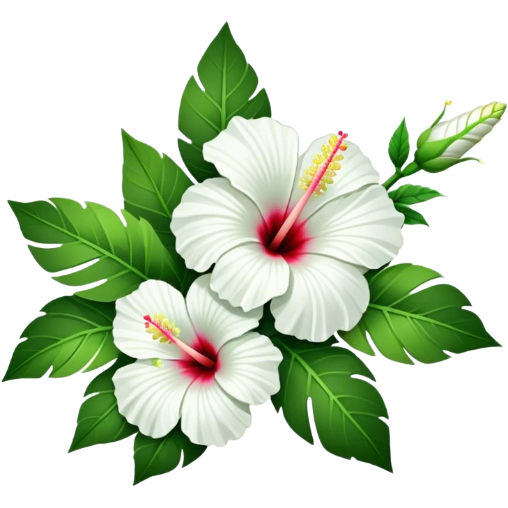 bouquet white Hawaiian hibiscus, luxuriant, stem, leaf, bud emoji