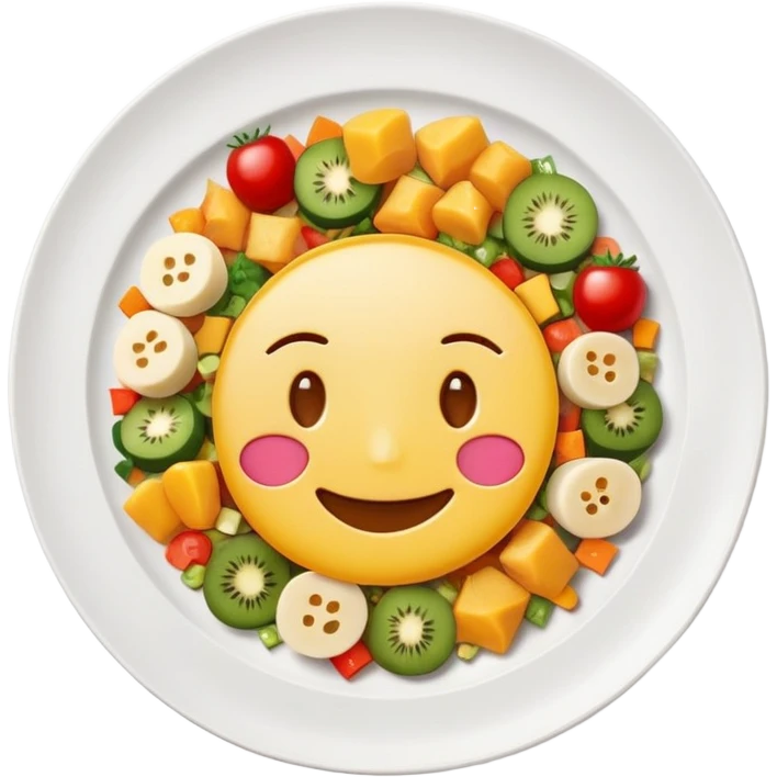 plate with small pieces of food and a smiling face, clear and cute emoji