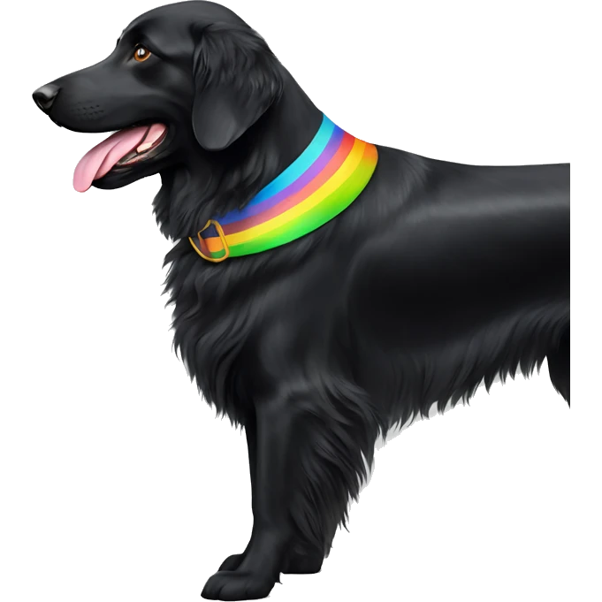 slim black flat-coated retriever with rainbow collar whole dog showing emoji