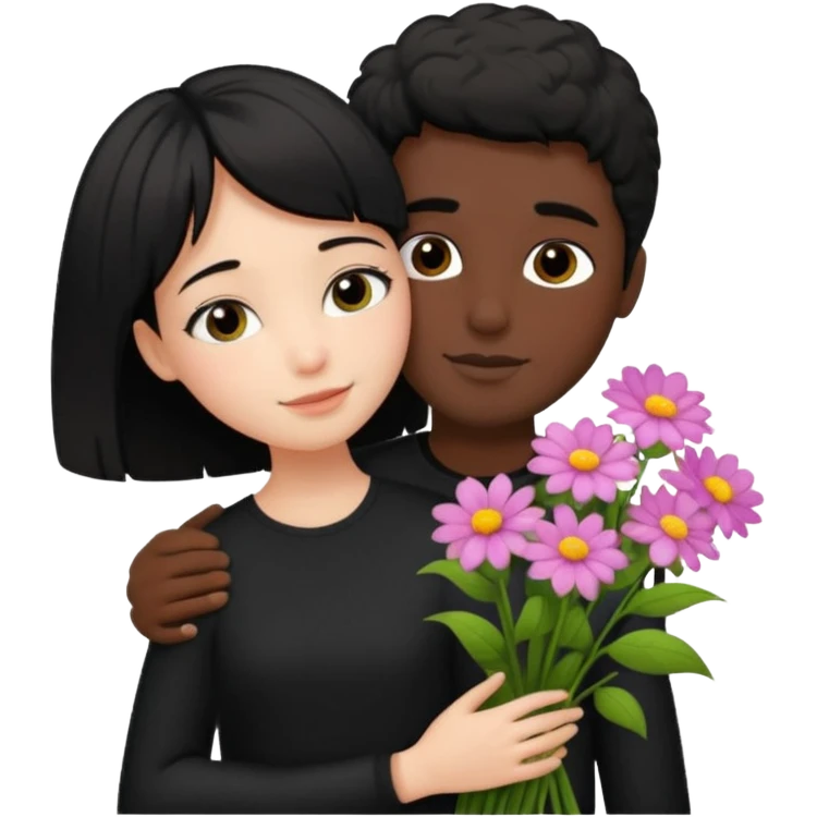 a pretty bratz fair girl with short black shaggy hair with a tall boy hugging her and flowers wearing black  emoji