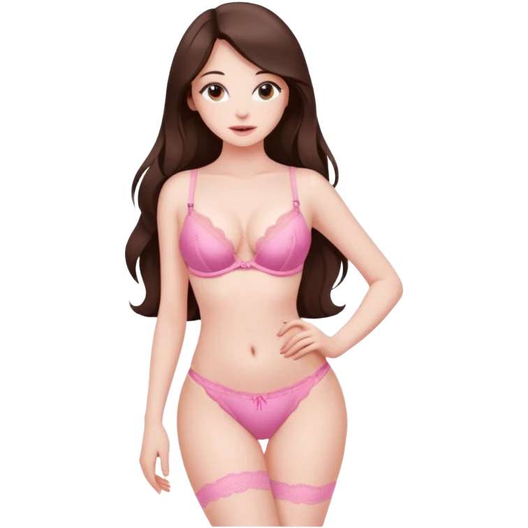 Sexy brunette pale skin girl with long hair wearing pink lingerie and has a slim thick sexy build with curves  emoji