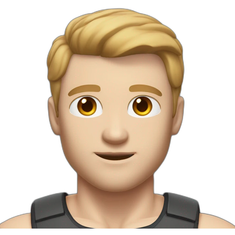 Full height Pale skinned muscular man With Realistic eyes and mouth, light brown hair and stubble In dark gray sleeveless mike, black oversize sports shorts, watch and white sneakers. emoji