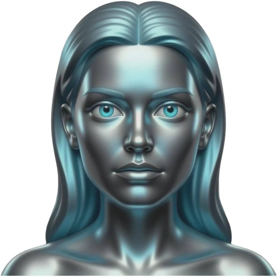 "A polished chrome german woman statue head, front-facing, serious focused expression, glowing cyan (#00D4B1) eyes, dark background. Metallic reflections with subtle cyan light accents. Clean, no background, emoji style, high detail. The statue represents discipline, focus and self-mastery." emoji