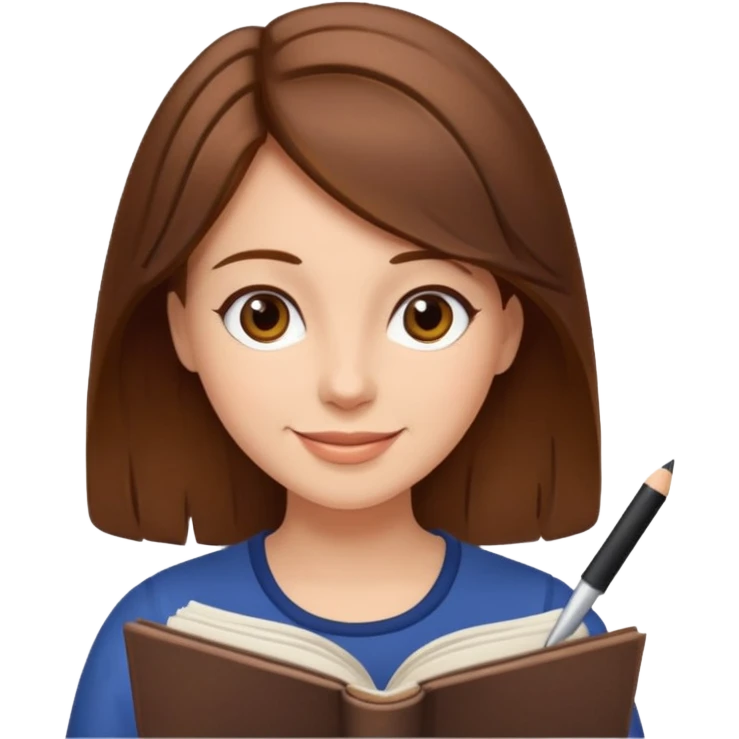 happy woman with brown hair writing a book emoji
