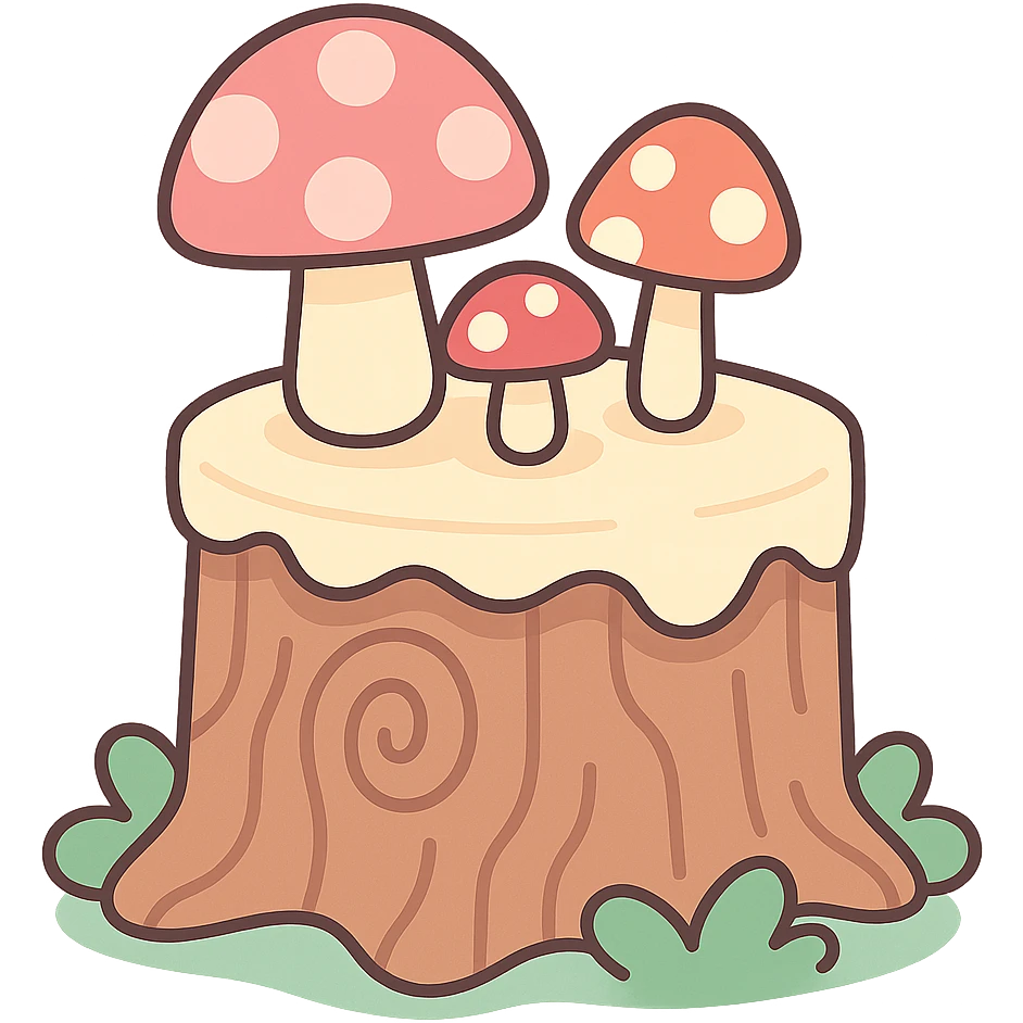 a tree stump cake topped with mushrooms, forest dessert concept, pastel toon style, soft pastel colors emoji
