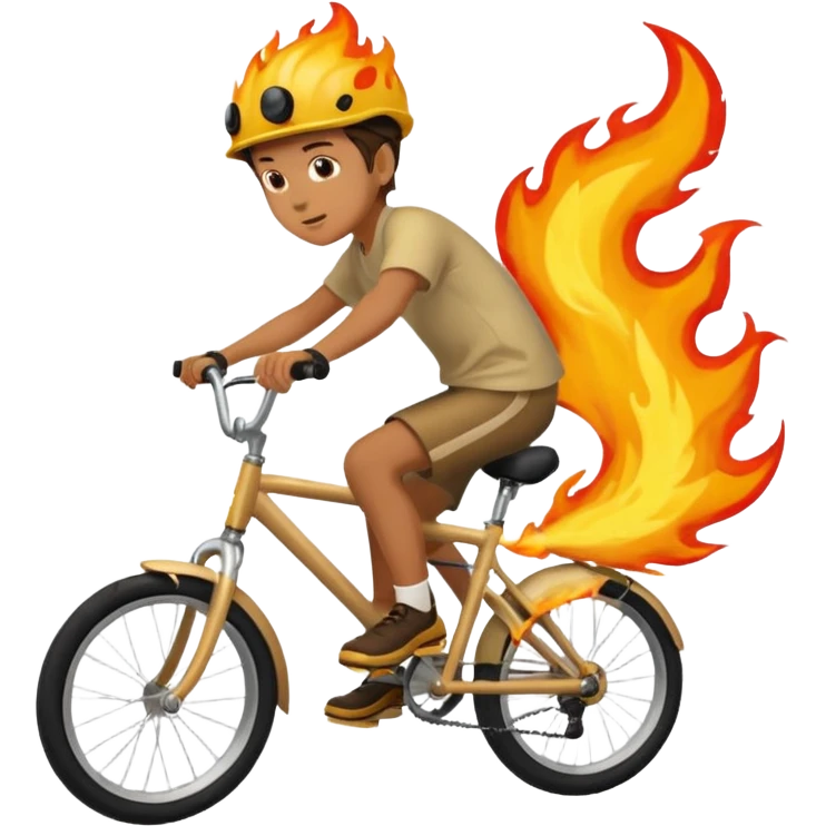 A boy riding his bike that has fire up a hill  emoji