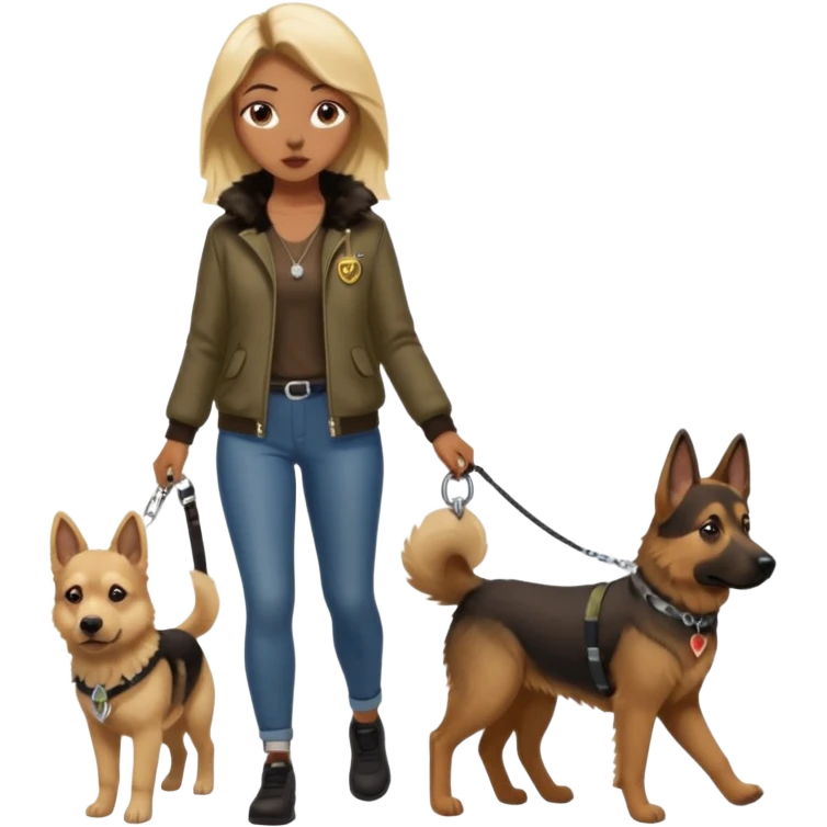 a girl with a brown dark long long hair, she's walking her dog is a german shepard. And girl's outfit is very aesthetic emoji