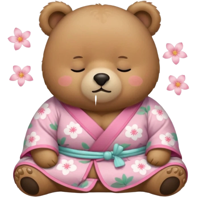 A cute chubby light-brown bear wearing a pastel pink sakura-patterned kimono, tiny body and big round head, adorable simple face, sleepy half-closed eyes, small blush on cheeks, sitting while dozing off, tiny “zzz” floating above the head emoji