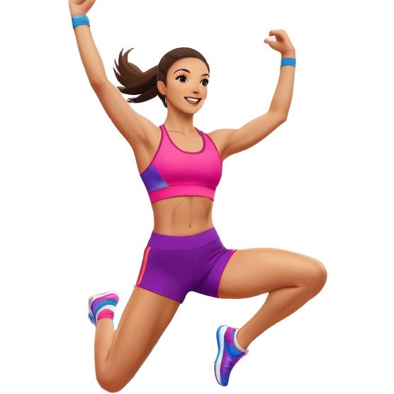 Professional aerobics performer mid-jump with arms extended, showcasing energy, flexibility, and coordination. The background features a vibrant gym setting with fitness equipment and bright colors, capturing the dynamic motion of aerobics. emoji