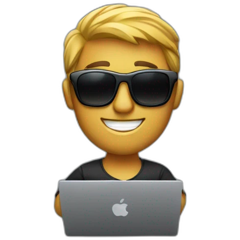 a tech man with sunglasses typing in macbook pro 14 inch emoji