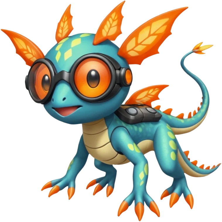 Bluish Splash-patterned emotional sparky sparky boom boom painful Meloetta-Guilmom-Salandit-Flygon-Pokémon-Fakémon-fusion-hybrid-creature with orange goggles on eyes emoji