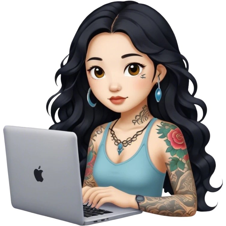 beautiful girl, with tattoos, with long black hair, wavy hair, chinese, with laptop emoji