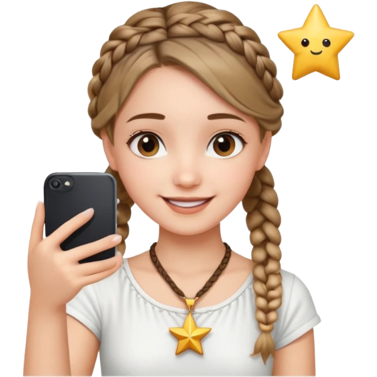 a girl wearing cute white top with a braid outing in the camera as a selfie and a star necklace in the neck  emoji