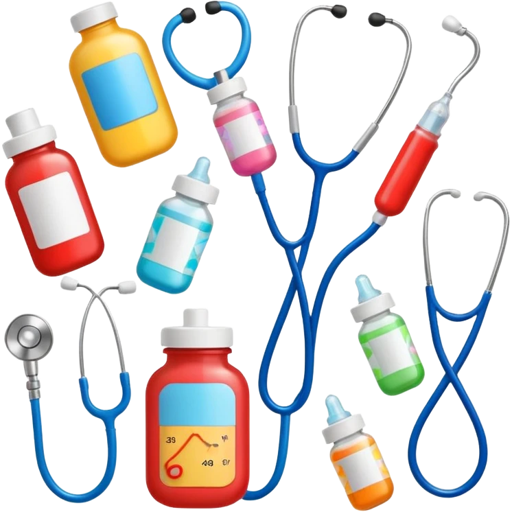 stethescope, heel lancet, medication, baby blood tubes, monitoring cables, baby bottle, cute scrapbooking paper,  emoji
