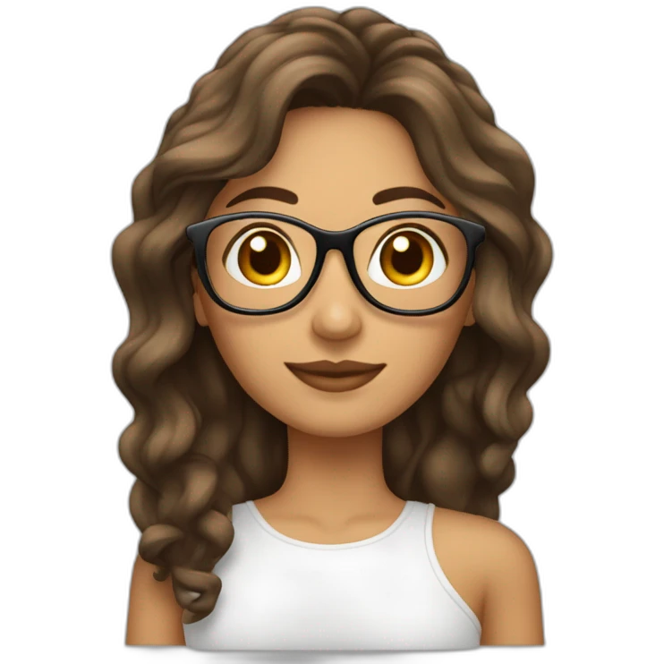 Mujer cabello castaño largo, piel pálida con lentes emoji