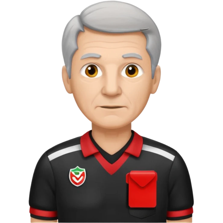 Older Referee – Experienced Look
 Wearing black jersey, gray hair, calm but firm, red card lifted halfway. emoji