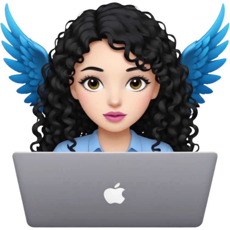 a girl using the mac book air with long black curly hair and brown eyes with winged black eyeliner emoji