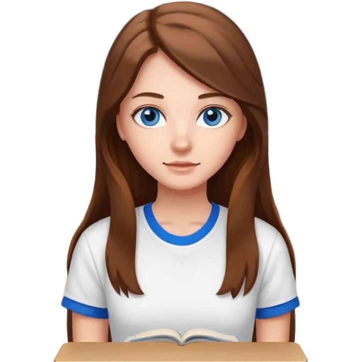 high school class room with a pretty female high school student with long brown hair, blue eyes emoji