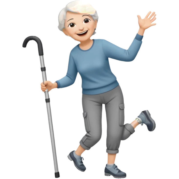 old woman with short hair, dressed with pants, langhing and dancing with crutches emoji